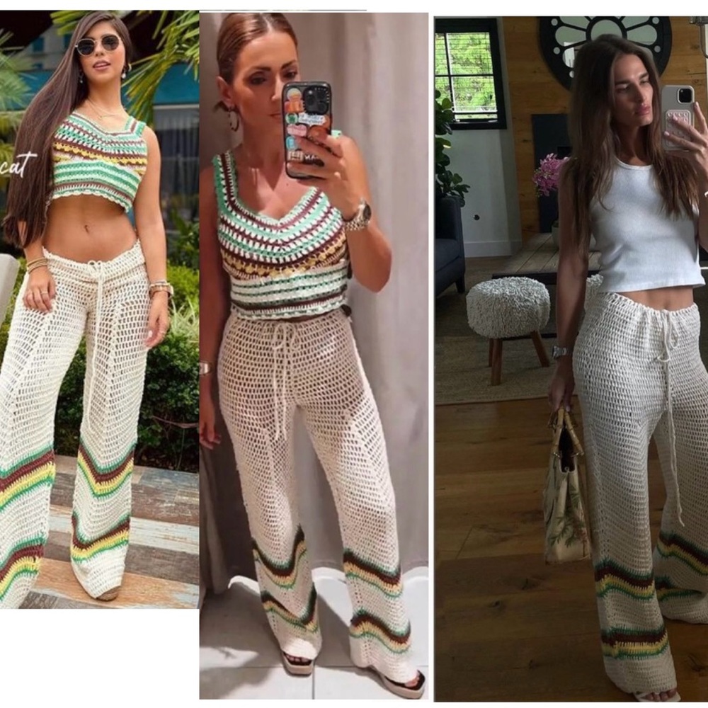Zara crochet knit Rasta pants drawstring beach coverup Sz M NWOT summer vacation - Picture 6 of 14